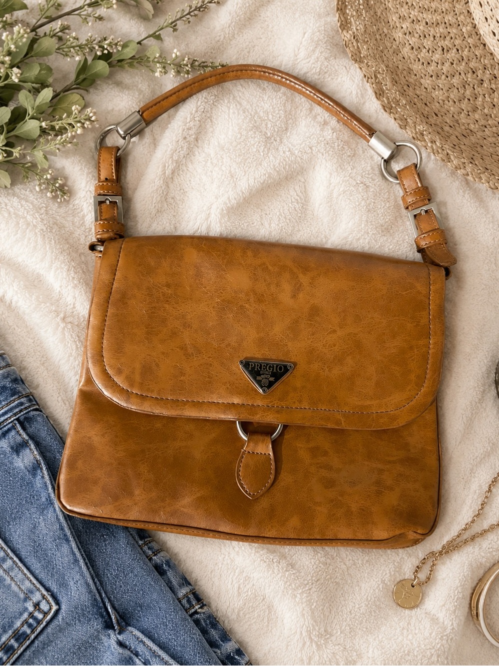 Vintage Style Pregio Cognac Brown Shoulder Bag Purse Faux Leather Y2K